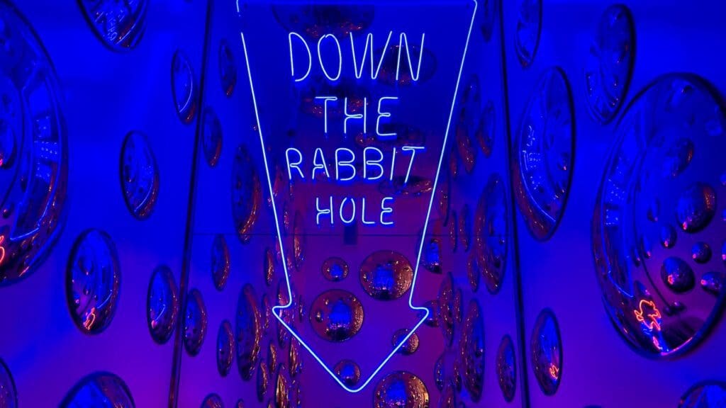 Coccodrillo-restaurant-down-the-rabbit-hole-sign-to-bathroom-with-super-cool-interior-design-from-Walk-With-Us-Tours-Berlin-blog